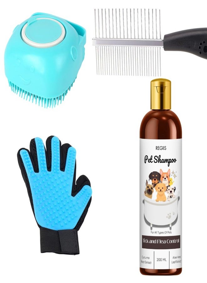 مجموعة العناية بالحيوانات الأليفة مع شامبو لمكافحة القراد والبراغيث، 200 مل، فرشاة سيليكون لإزالة الشعر الزائد، قفاز للعناية بالكلاب والقطط (عبوة من 4 قطع) - Image 1